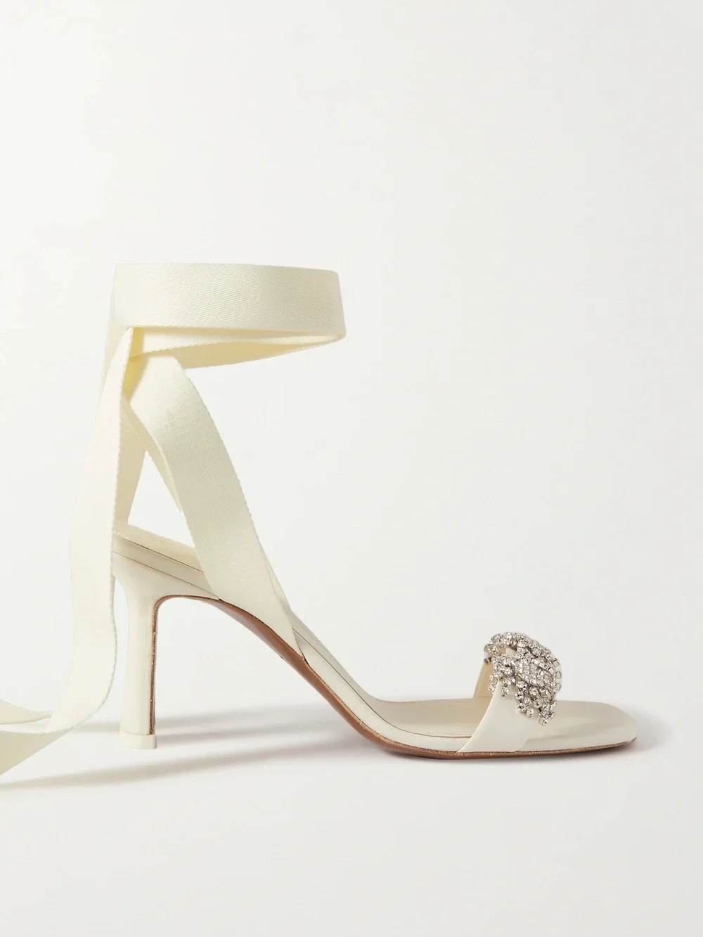 Crystal-Embellished Ivory Ankle-Tie Heels